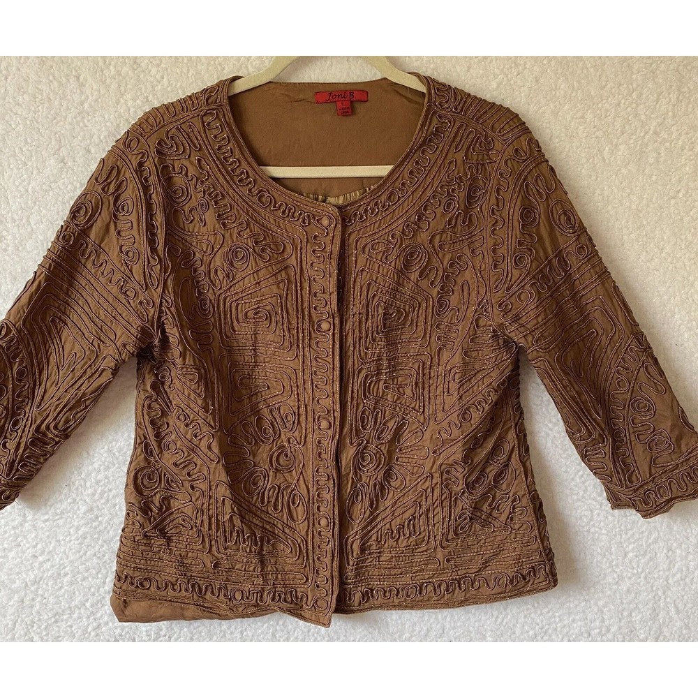 Joni B Sweater Cardigan‎ Artsy Sz L 3/4 Sleeve Statement  Jacket Piping Appliqué